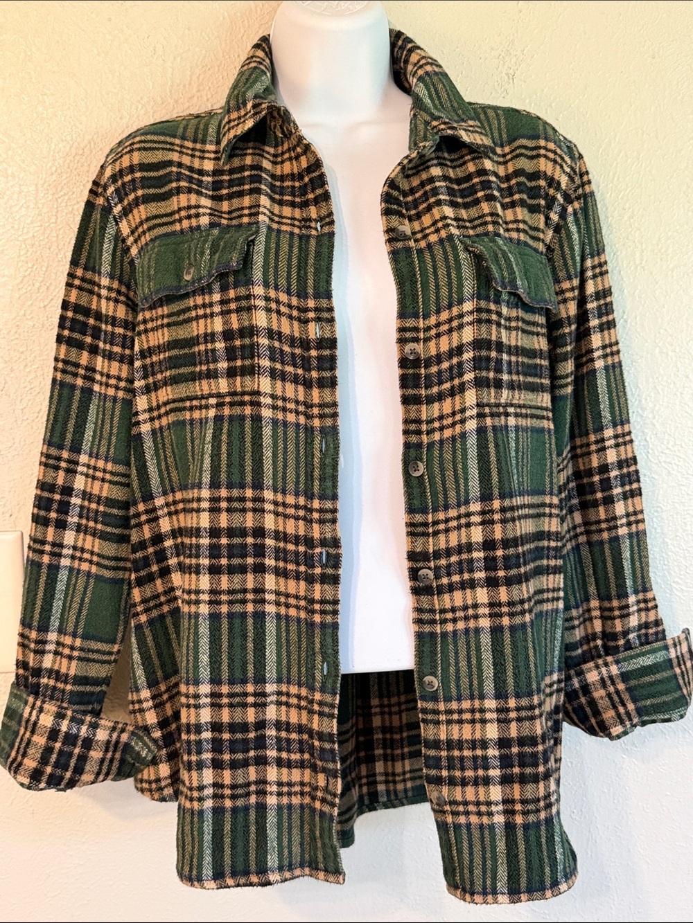 Vintage Flannel Heavy Shacket Style Plaid Button Down w/ Pockets Shirt Sz M